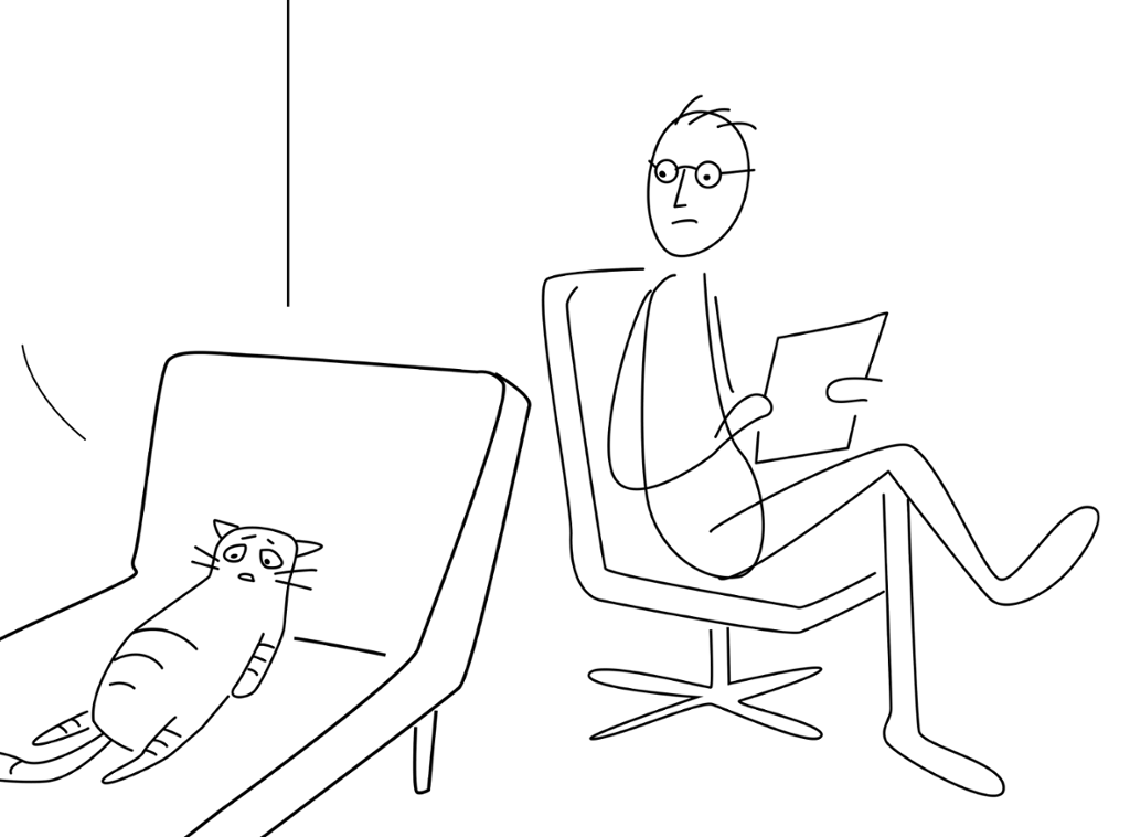 En katt ligger på en divan. En psykolog sitter bak katten, lytter og noterer.