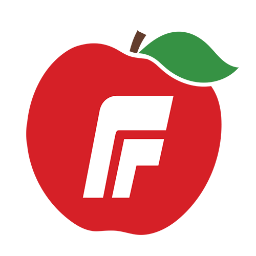 Fremskrittspartiet sin logo. Rødt eple med hvit F. Illustrasjon.