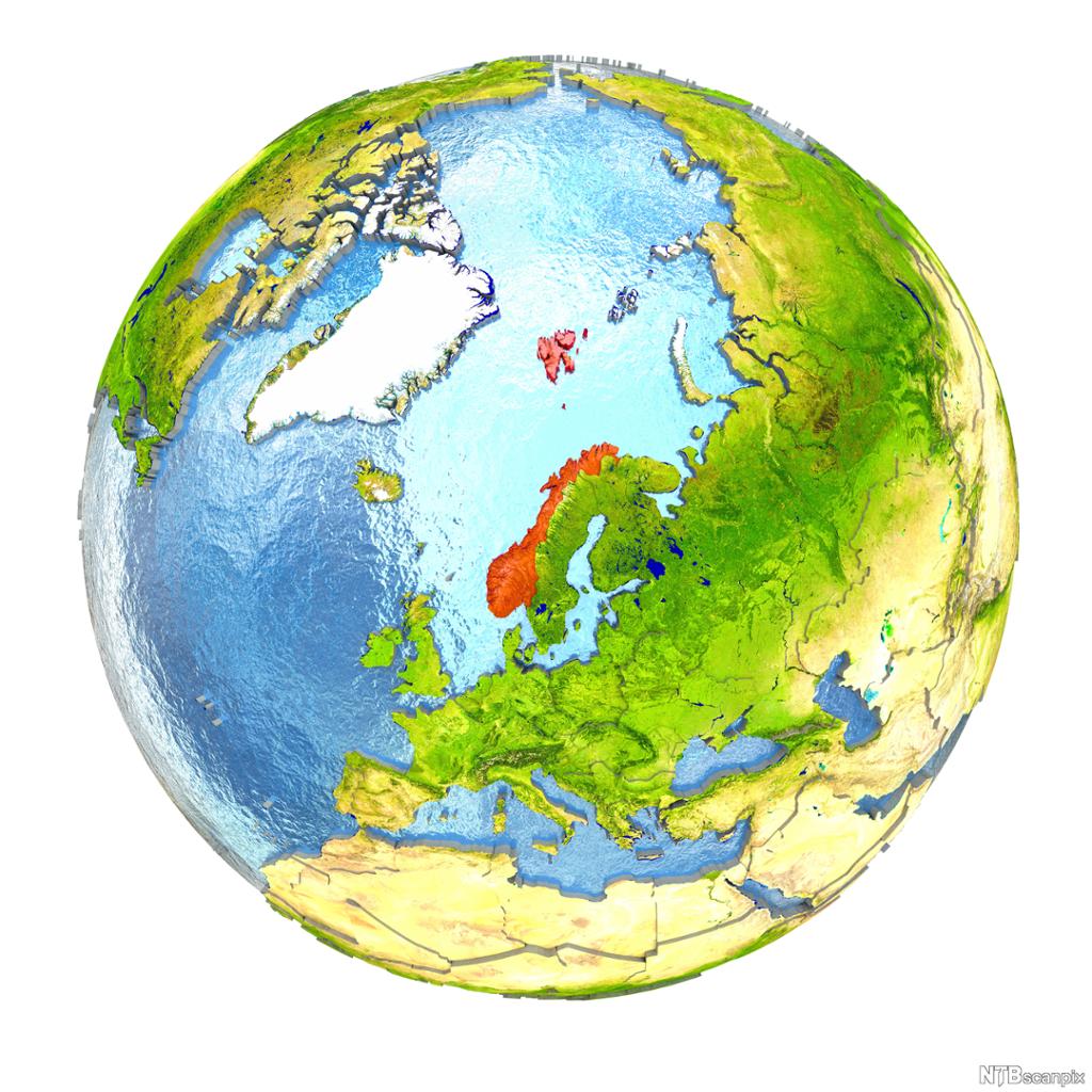 Illustrasjon av jordkloden med Norge i rødt. 