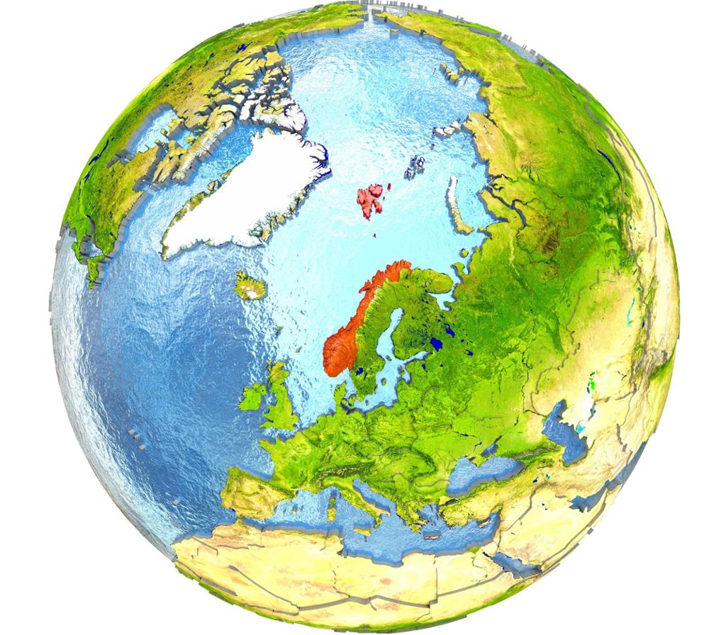 Jordkloden med Norge i rødt. Illustrasjon.