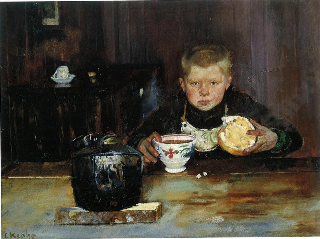 En gutt sitter ved et bord og drikker og spiser. Han ser rett på deg. Gammelt maleri.