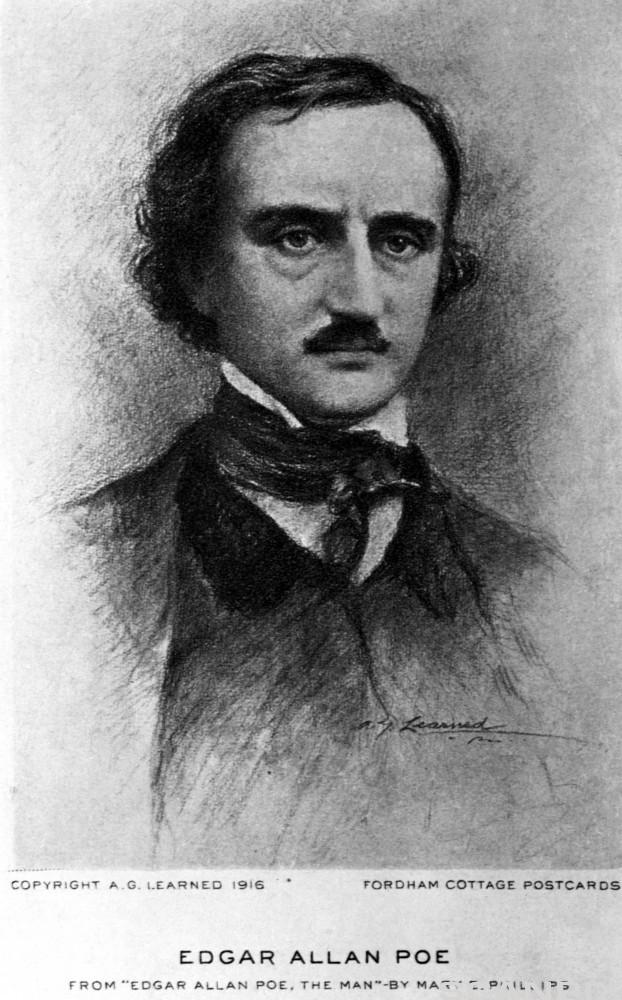 Drawing: Portrait of Edgar Allan Poe. The drawing shows a man with a high collar, cravat, and dark jacket. He looks sombre. 
