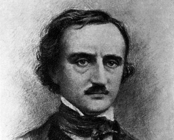 Photo: Portrait of Edgar Allan Poe. We see a sombre young man with dark hair and dark eyes. 