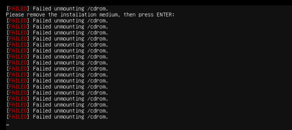 Mange linjer som sier "Failed unmounting /cdrom" Skjermbilde fra Ubuntu Server 20.04