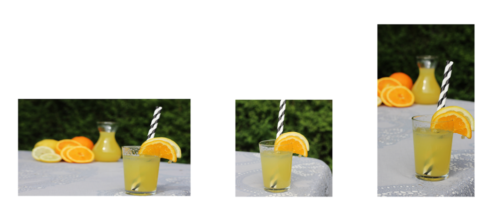 Kollasje med tre bilder som alle viser motivet limonade i et glass med appelsinskive og sitronskive på kanten og et sugerør. Glasset står på et bord med hvit duk. Grønn busk i bakgrunnen. To av bildene har også sitron- og appelsinskiver og en karaffel med limonade i bakgrunnen på bordet. Foto.