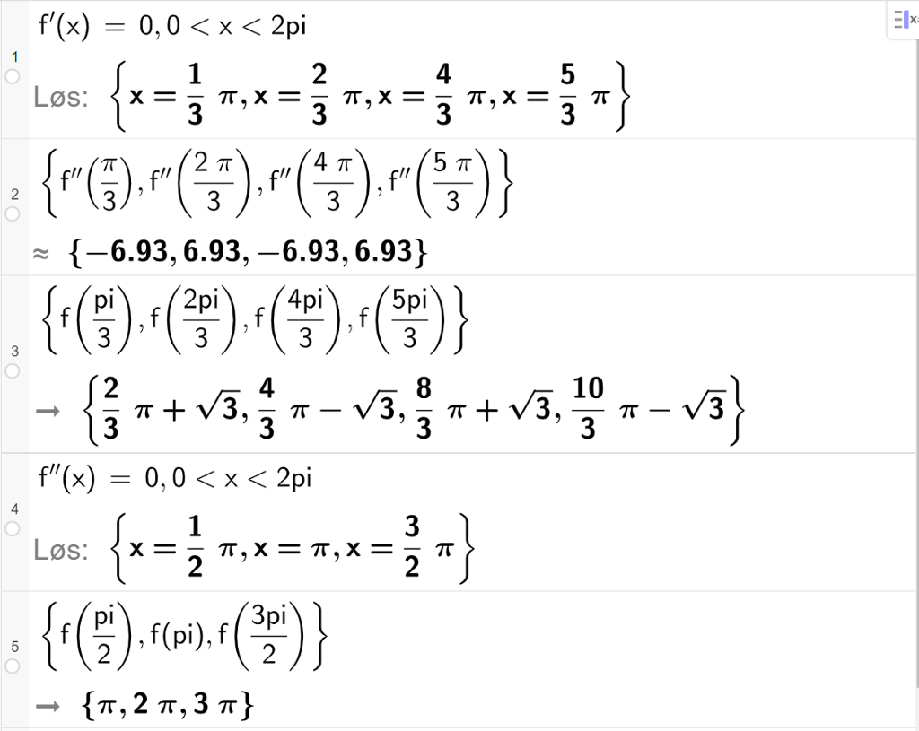 Skjermutklipp av funksjonsdrøfting med CAS i GeoGebra. På linje 1 løser vi likningen f derivert av x er lik 0 med vilkåret 0 mindre enn x mindre enn 2 pi. Resultatet med "Løs" er x er lik pi tredjedeler, x er lik 2 pi tredjedeler, x er lik 4 pi tredjedeler eller x er lik 5 pi tredjedeler. På linje 2 regnes den dobbeltderiverte av f av løsningene i linje 2. Svaret med tilnærming er minus 6,93, 6,93, minus 6,93 og 6,93. På linje 3 regnes f av løsningene i linje 1. Svaret er 2 pi tredjedeler pluss rota av 3, 4 pi tredjedeler minus rota av 3, 8 pi tredjedeler pluss rota av 3 og 10 pi tredjedeler minus rota av 3. På linje 4 løses likningen f dobbeltderivert av x er lik 0 med vilkåret 0 mindre enn x mindre enn 2 pi. Svaret med "Løs" er x er lik pi halve, x er lik pi eller x er lik 3 pi halve. På linje 5 regnes f av løsningene i linje 4 ut. Svaret er pi, 2 pi og 3 pi. 