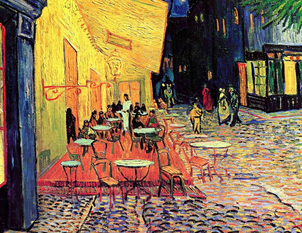 Painting: We see a street at night. The terrace of a café  is bathed in light. There are round tables. The sky above the street is full of stars. 