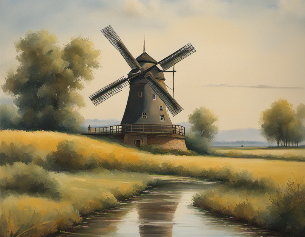 Tilsynelatande eit maleri som viser ei gammaldags vindmølle, nokre lauvtre og ei lita elv. Illustrasjon.