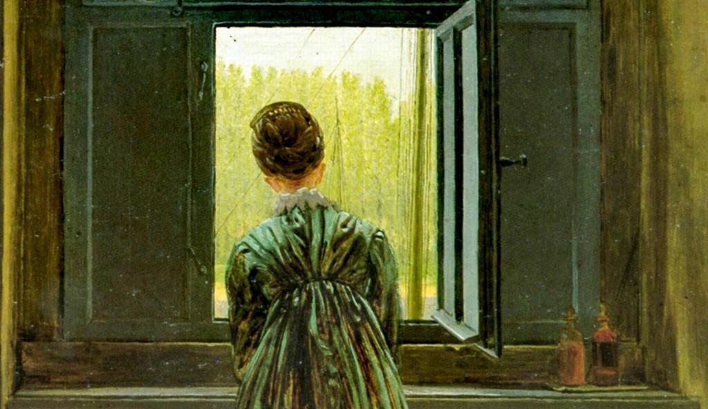 Painting: Woman in a long, green dress looks out of a window. 