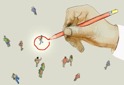 En hånd tegner en rød sirkel rundt et invid blant mange i et samfunn. Illustrasjon. 