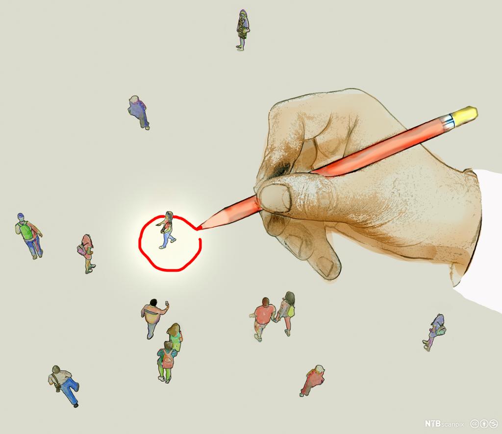 En hånd tegner en rød sirkel rundt et invid blant mange i et samfunn. Illustrasjon.
