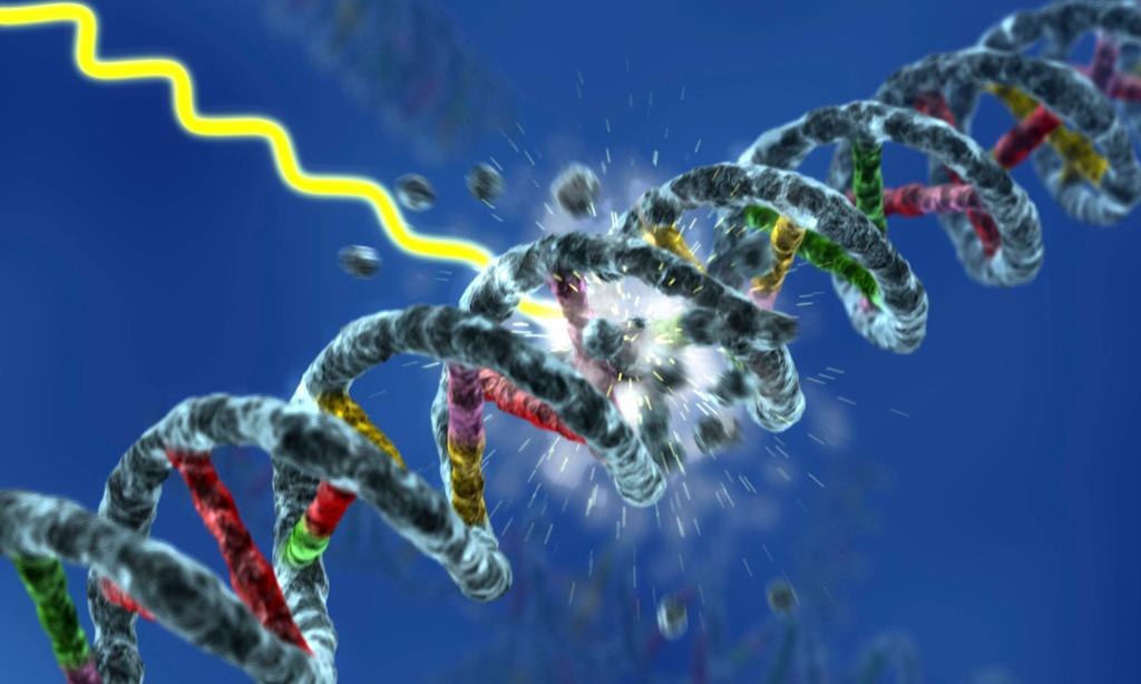 Teikning av ein DNA-streng som blir øydelagt av stråling. Illustrasjon.