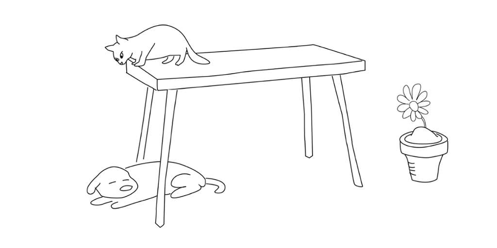 En katt står på et bord, en hund ligger under, og en potteplante står ved siden av. Illustrasjon. 