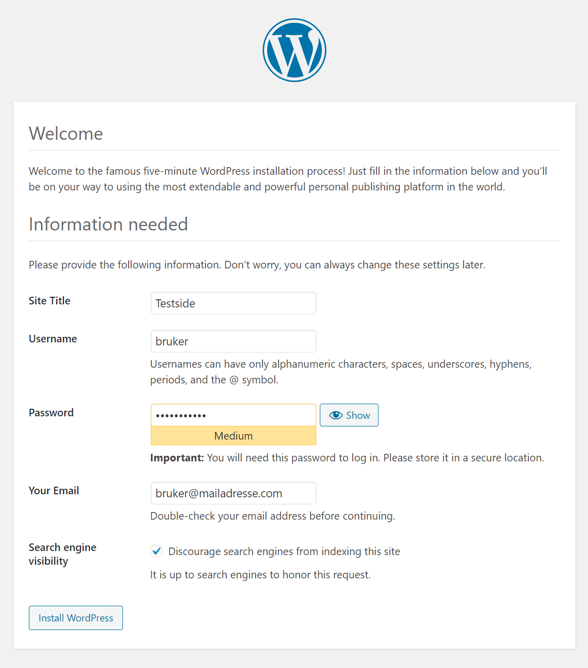 Manually install wordpress and add WordPress site title