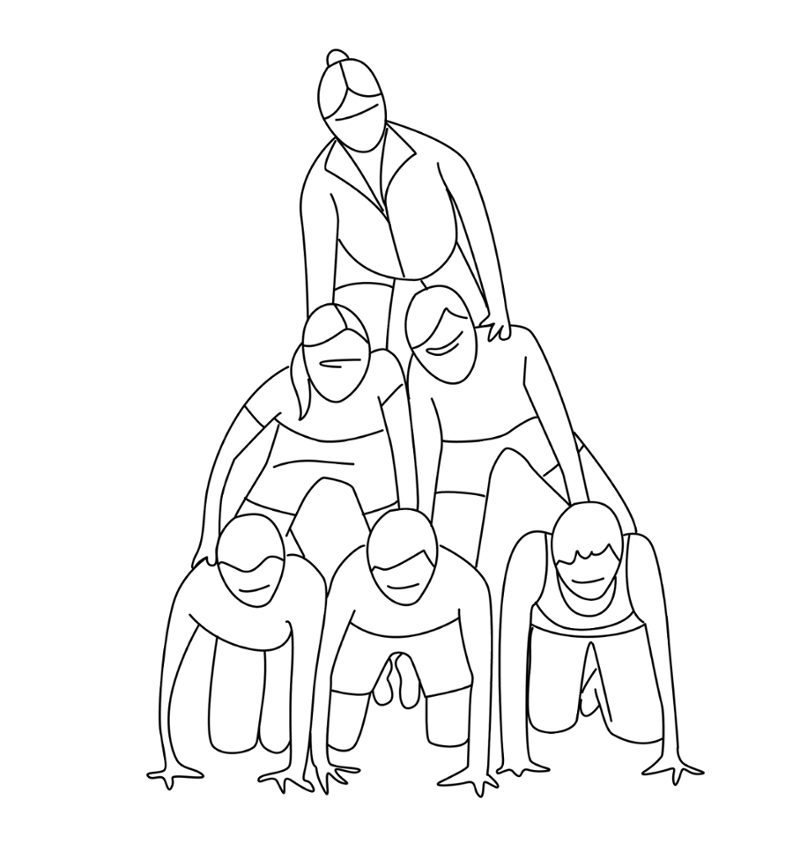 Fem personar lagar ein pyramide med kroppane sine. Illustrasjon.