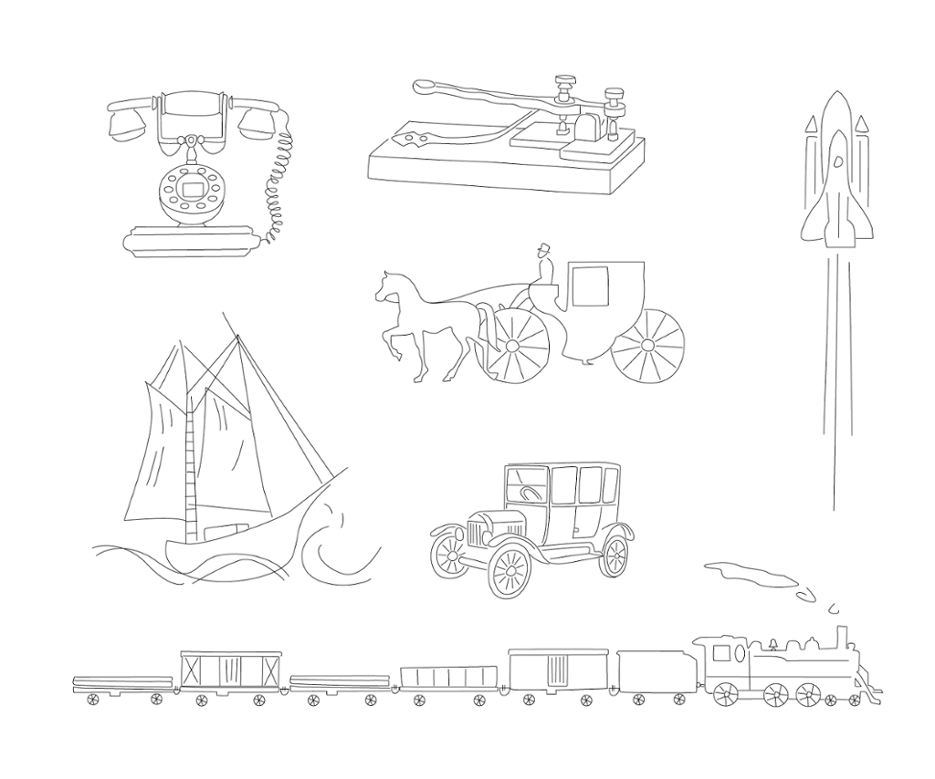Illustration: We see a sailboat, a steam train, a T-Ford, a horse and carriage, a telegraph key, a telephone and a space ship. 