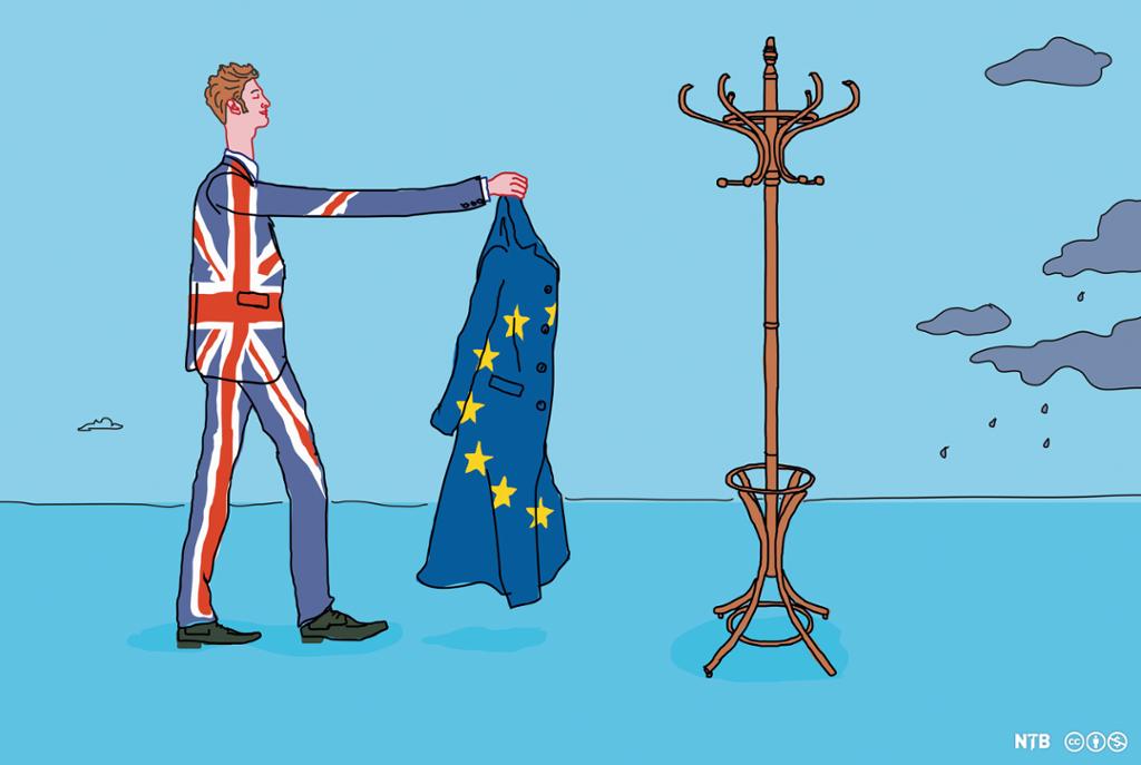 Drawing: A man is hanging a coat on a coat rack. The main is wearing a suit that looks like a British flag. The coat he is hanging up looks like an EU flag. 