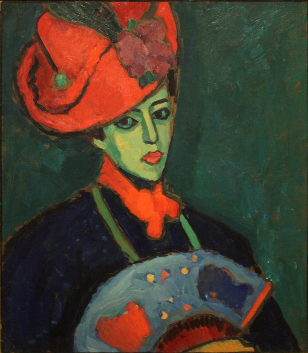 Portrett av kvinne med rød hatt. Maleri.