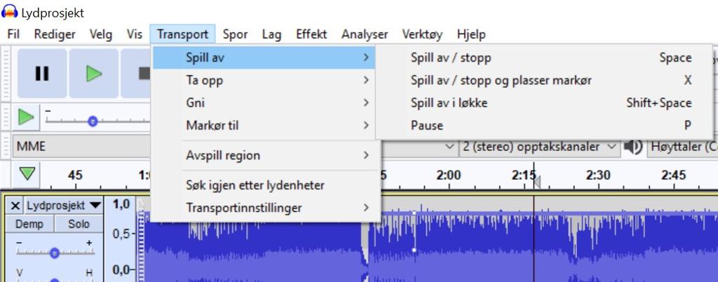 I lydprogrammet Audacity finn du hurtigtastar i nedtrekksmenyen. Skjermbilete.