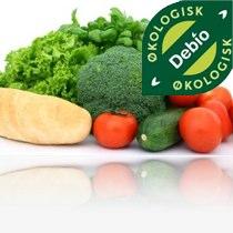 Ulike grønsaker og logo for økologisk produksjon. Illustrasjon. 