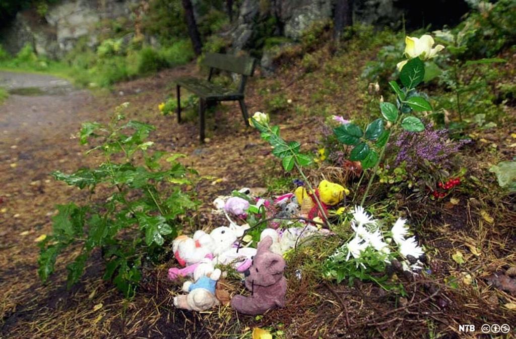 Minnested i skogen med blomster og mange små bamser. Foto.