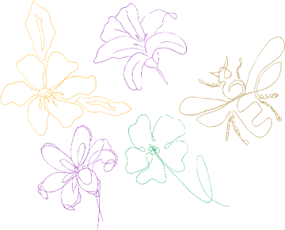 Stiliserte blomster og et insekt. Illustrasjon.