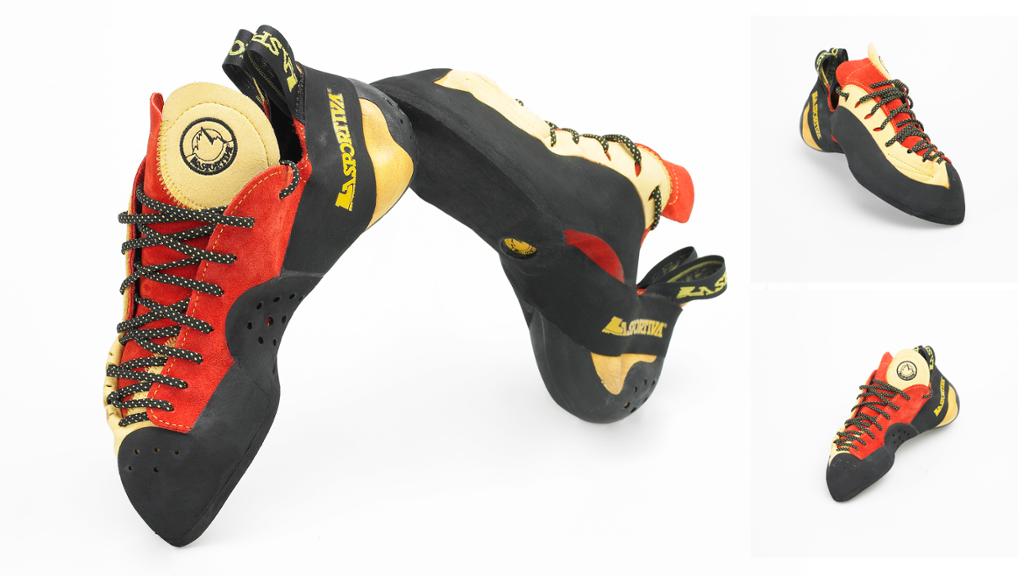 Produktbilder av en gul og rød Testarossa klatresko fra La Sportiva. Foto.