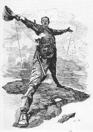 Drawing: We see the colonialist Cecil Rhodes.  He is standing astride a map of Africa, holdig a string that is tied at either end of the continent. 