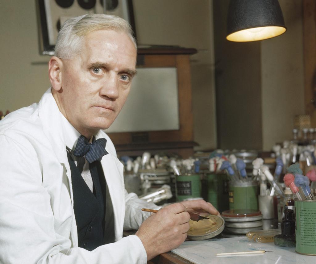Ein eldre mann med kvit frakk sit på eit laboratorium og undersøkjer ei agarskål med penicillin. Foto.