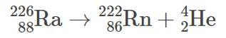 Reaksjonsligning som viser at atomnummeret synker med 2 når en alfapartikkel sendes ut. Illustrasjon.