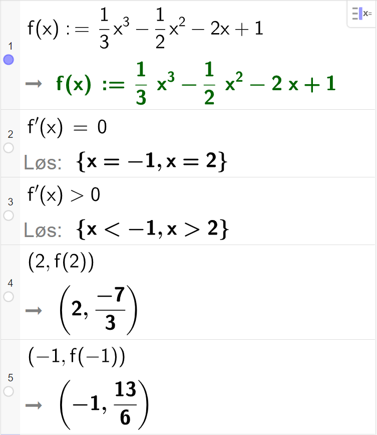 CAS-utregning med GeoGebra. På linje 1 er det skrevet f av x kolon er lik 1 tredels x i tredje minus en halv x i andre minus 2 x pluss 1. Svaret er det samme. På linje 2 er det skrevet f derivert av x er lik 0. Svaret med "Løs" er x er lik minus 1 eller x er lik 2. På linje 3 er det skrevet f derivert av x større enn 0. Svaret med "Løs" er x mindre enn minus 1 eller x større enn 2. På linje 4 er det skrevet parentes 2 komma, f av 2 parentes slutt. Svaret er parentes 2 komma, minus 7 tredeler parentes slutt. På linje 5 er det skrevet parentes minus 1 komma, f av minus 1 parentes slutt. Svaret er parentes minus 1 komma, 13 seksdeler parentes slutt. Skjermutklipp.