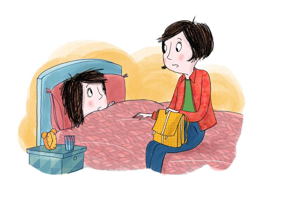 En jente ligger i senga, mens en annen jente sitter på senga. Illustrasjon.