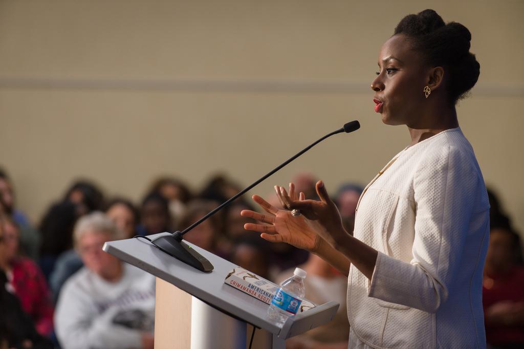Author Chimamanda Ngozi Adichie giving a speech. 