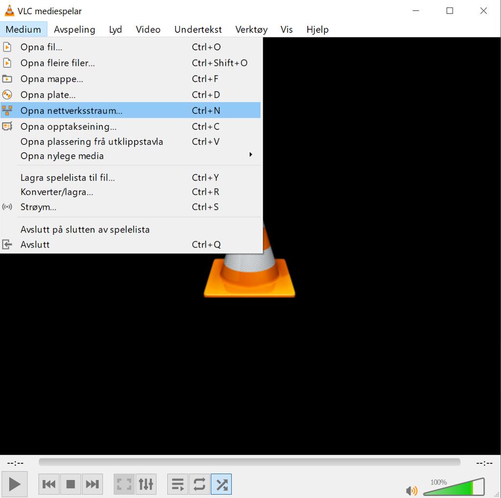 VLC er ope, menyen "Medium" er opna, og "Opna nettversksstraum" er valt. Skjermbilete.