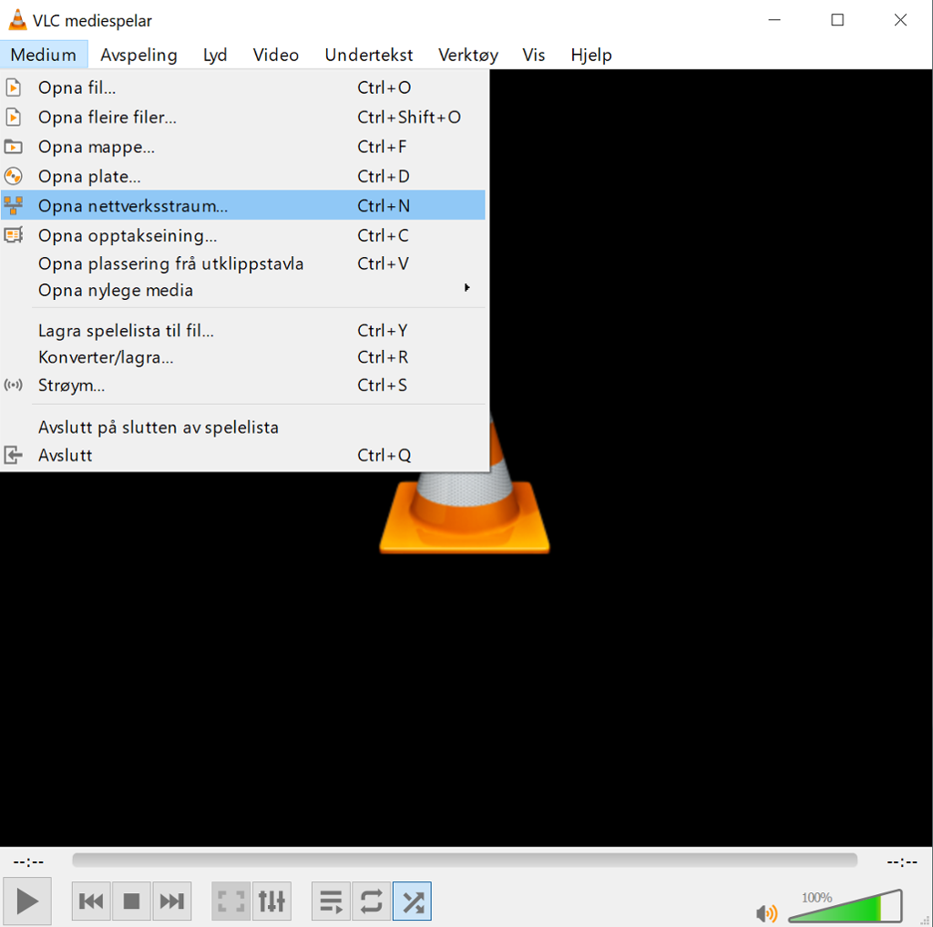 VLC er ope, menyen "Medium" er opna, og "Opna nettversksstraum" er valt. Skjermbilete.
