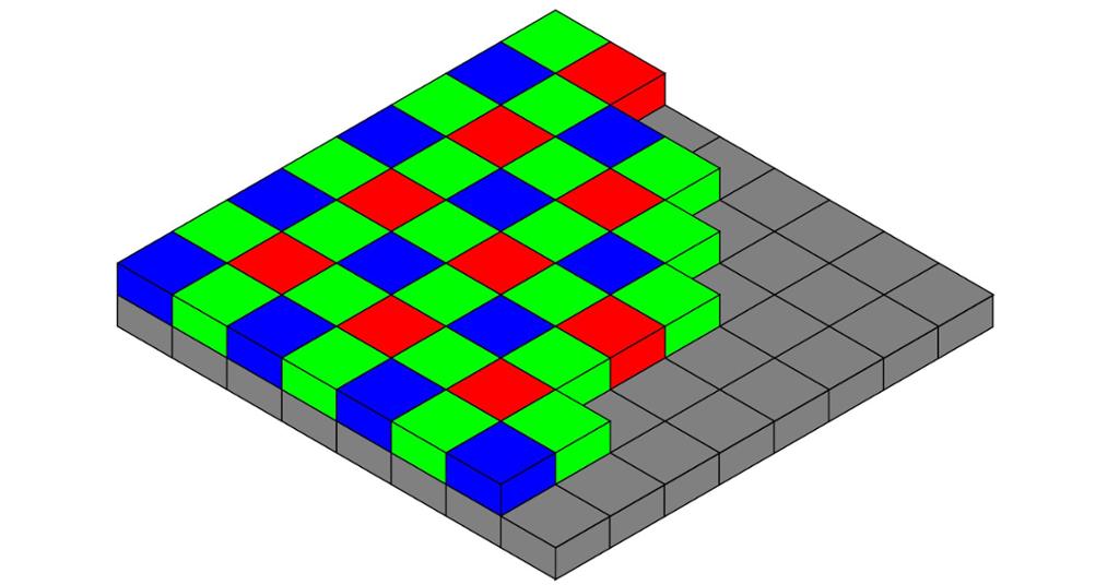 Grå og fargede firkanter stablet i to lag oppå hverandre for å illustrere oppbyggingen av sensor for RGB fargefilter. Illustrasjon.