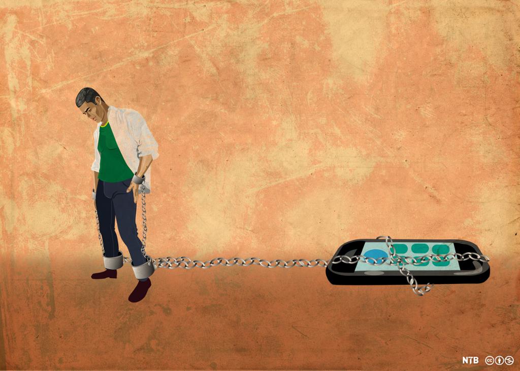 Illustration: Man chained by hands and feet to a large smartphone. 