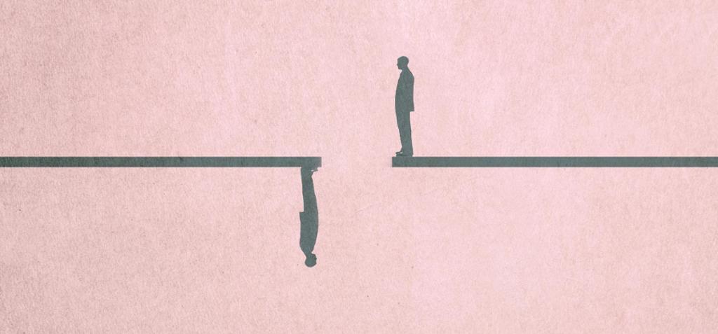 Illustration: On the right hand side of the image we see the outline of a man standing at the end of a line, an upside down version of the same image makes up the left hand side of the image. 