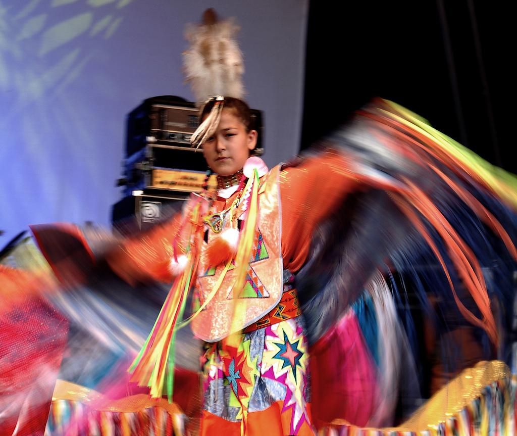 Saskatchewan dancer in a colourful costume. Photo.