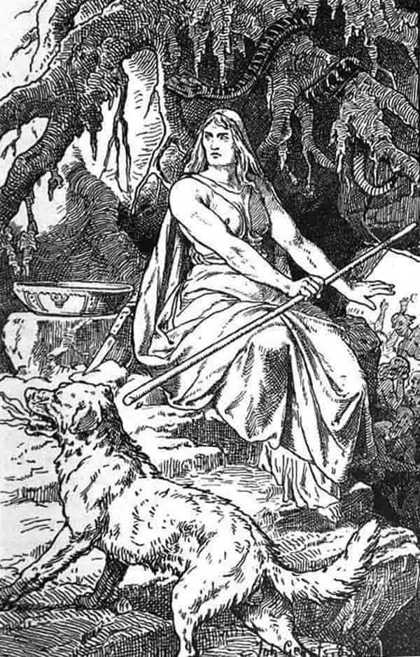 Gudinnen Hel og vakthunden Garm. Illustrasjon.