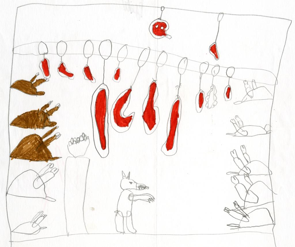 Tegning av dyr i stabbur.illustrasjon.