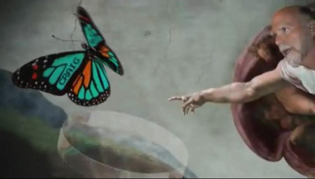 En sommerfugl, ei petriskål og Craig Venter som Gud. «Playing God» som illustrasjonsbilde. Maleri. 