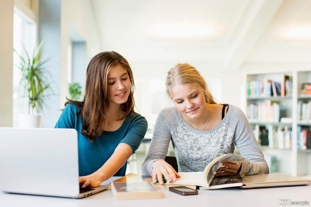 To jenter samarbeider om skolearbeid på et bibliotek. Den ene sitter ved en bærbar datamaskin, og den andre blar i en fagbok. Foto.