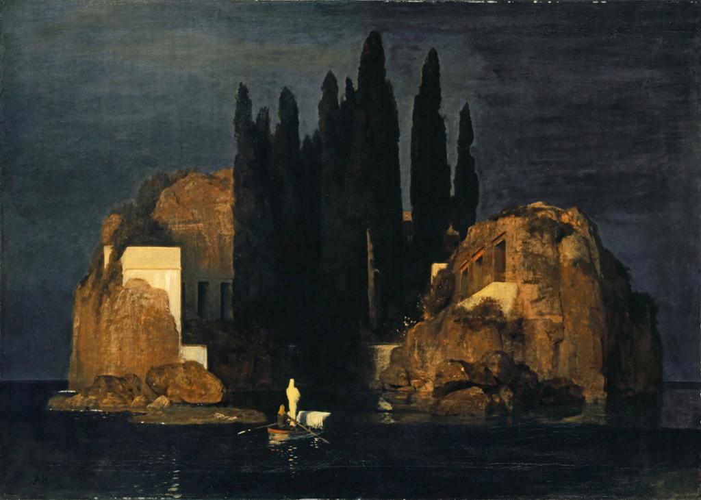 Painting: A rowboat lies outside a small island. A white figure is standing in the boat. A rower is seated in the boat, holding the oars out of the water. There are square buildings and tall trees on the island. 
