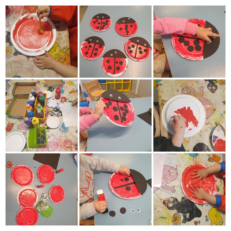 Bilete av prosessen med å lage marihøner av papptallerkenar. Barn målar tallerkenane raude, klistrar på svarte prikkar, svart papp som hovud og set på auge. Foto.