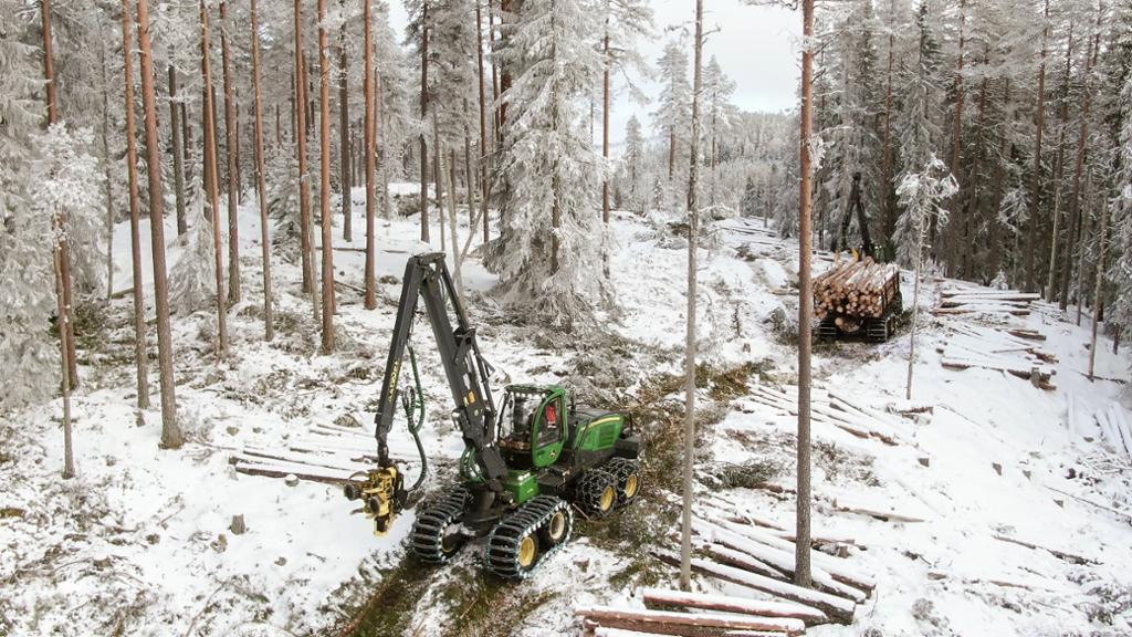 Hogstmaskin og lassbærer som hogger og kjører ut tømmer fra skogen. Det ligger litt snø på bakken. Foto.