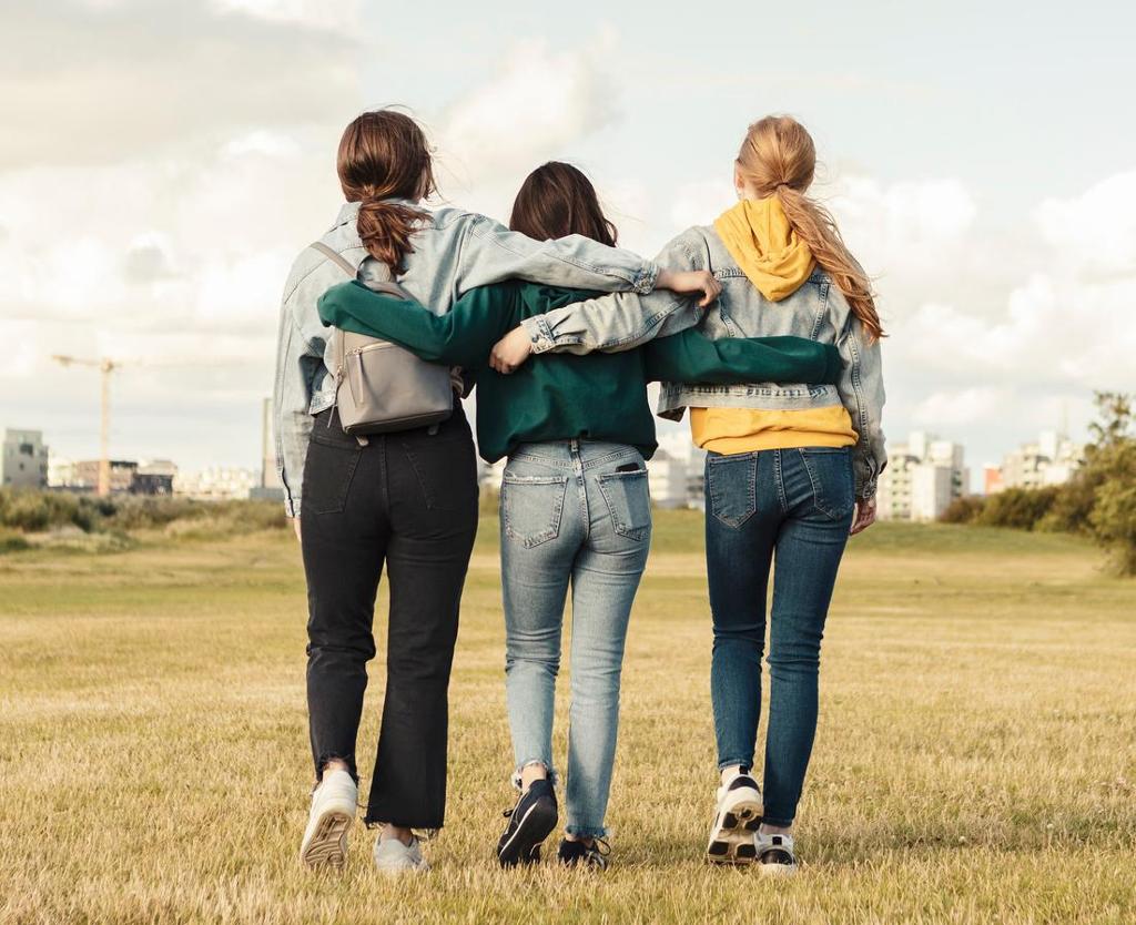 Rear view of three female friends with arms around walking in park. Photo.