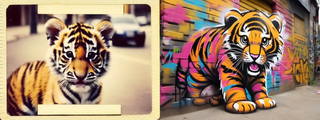 To bilder, side ved side, med det samme motivet, en tigerunge. De to bildene har imidlertid veldig forskjellig stil. Det ene ser nesten realistisk ut, mens det andre er tydelig laget av kunstig intelligens siden den tegnede tigerungen kommer ut av en murvegg. Kollasj med KI-foto og KI-illustrasjon.