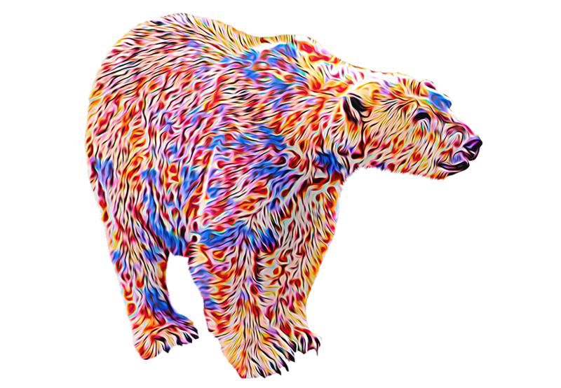 Photo art: A multi-coloured polar bear in bright blue, red, and orange tones. 