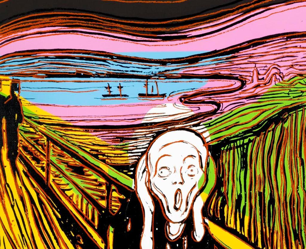 Tresnittet Skrik av Munch er omarbeidd med sterke fargeflater.